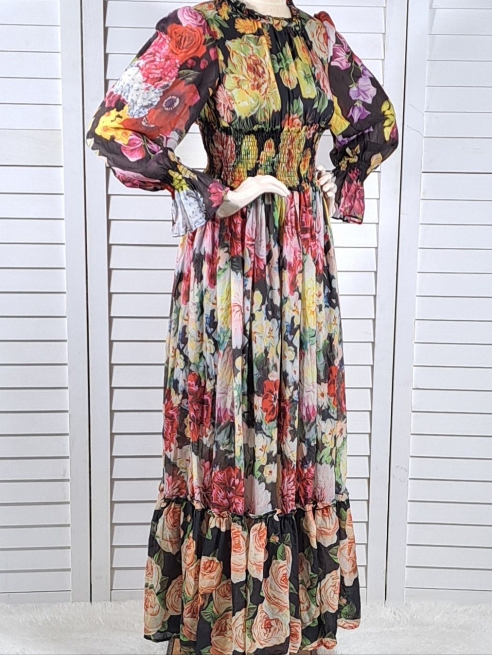 Multicolor Floral 60% Silk Blend Smocked Tiered Maxi Dress M Boho